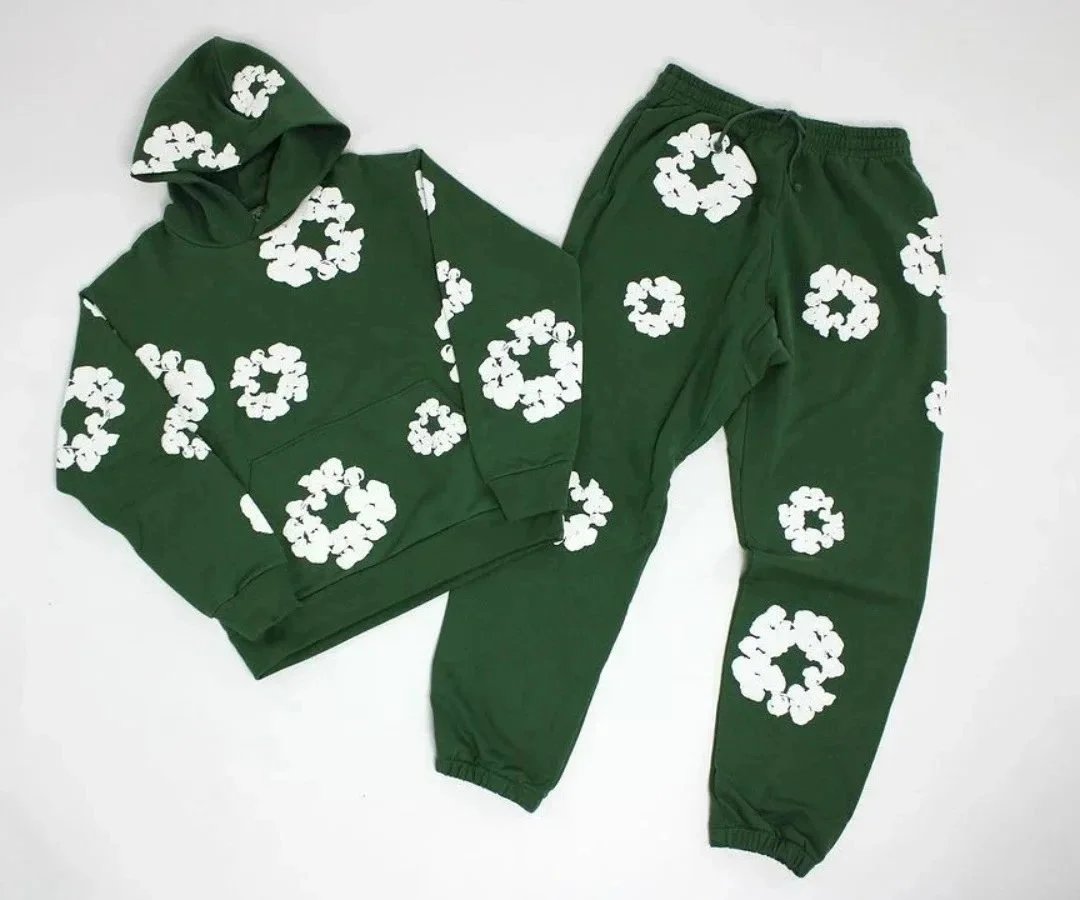 Off-White Floral Print Hoodie and Sweatpants Set Army Green - 1