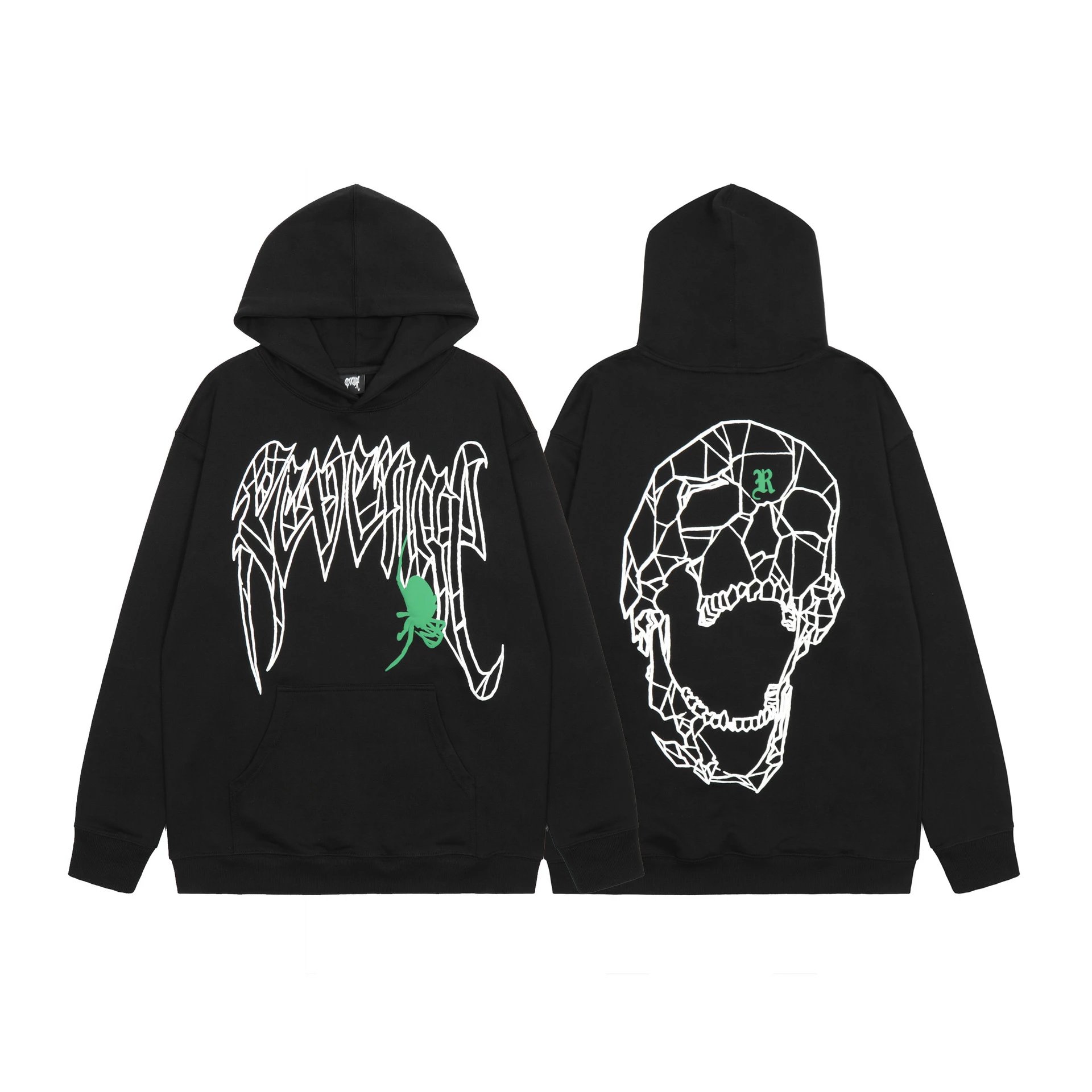 Revenge Hoodies & Sweatshirts Graphic Pullover Hoodie — Black Green Spider Halloween