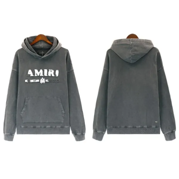 Amiri Distressed Logo Hoodie Gray - 1