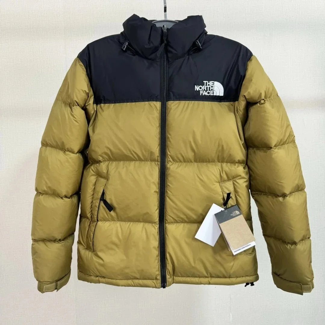 The North Face Down Jackets 1996 hooded color-block puffer — 96 birds, tan