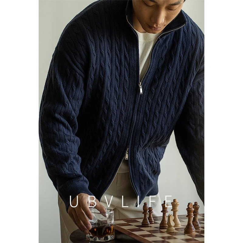 7-Gauge Cable Knit Stand Collar Cardigan