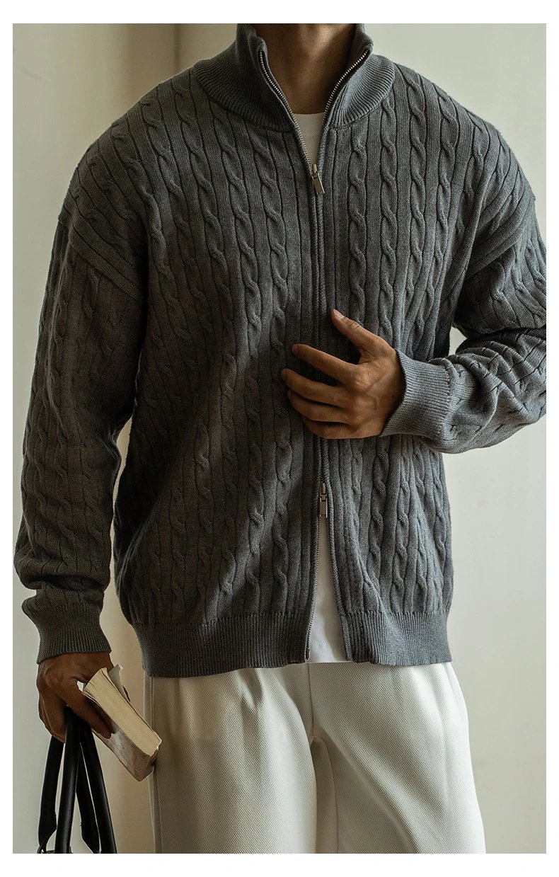 Navy Cable-Knit Zip-Up Bomber Jacket - 9