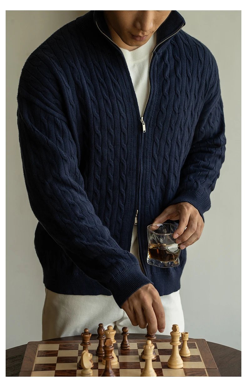 Navy Cable-Knit Zip-Up Bomber Jacket - 18