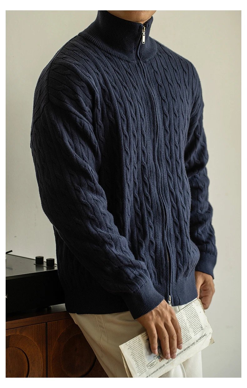 Navy Cable-Knit Zip-Up Bomber Jacket - 26