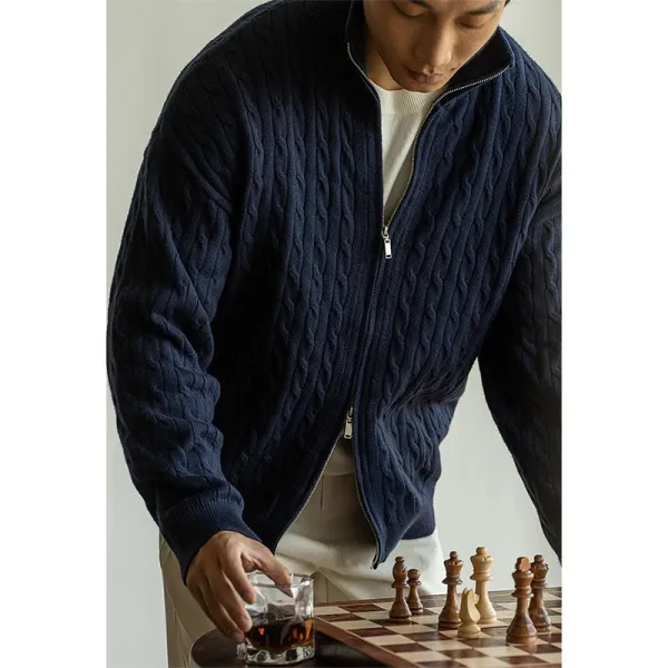 Navy Cable-Knit Zip-Up Bomber Jacket - 1