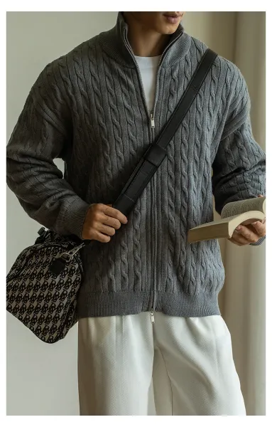 Navy Cable-Knit Zip-Up Bomber Jacket - 11