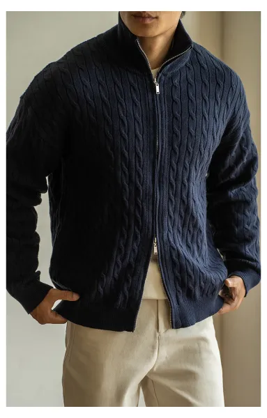 Navy Cable-Knit Zip-Up Bomber Jacket - 21
