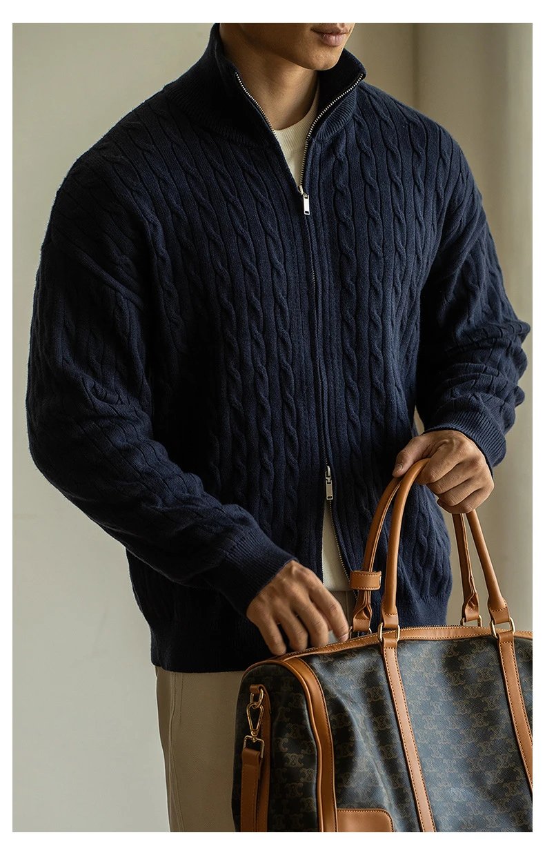 Navy Cable-Knit Zip-Up Bomber Jacket - 23