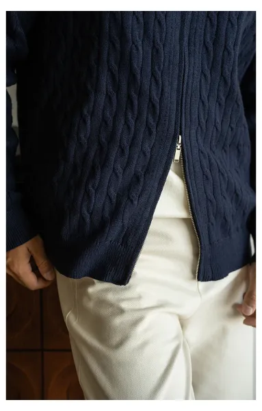 Navy Cable-Knit Zip-Up Bomber Jacket - 29