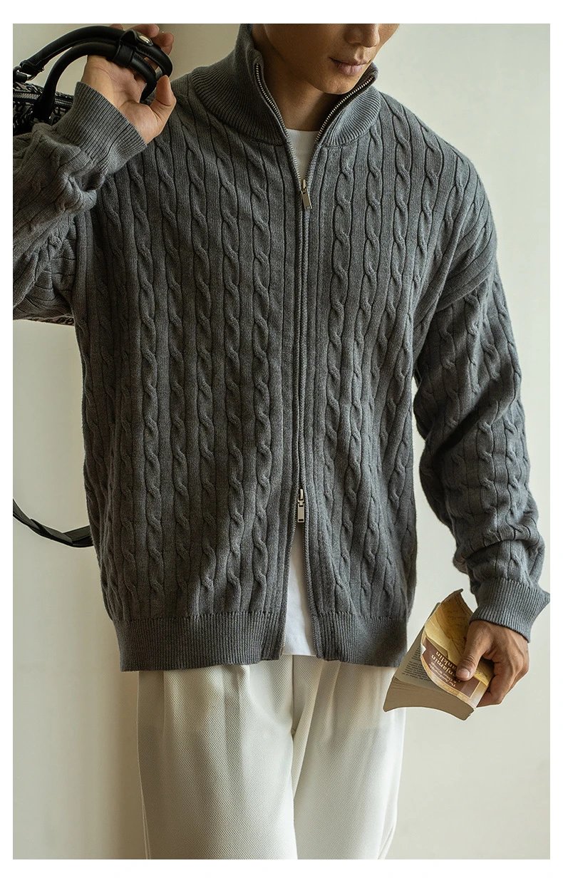 Navy Cable-Knit Zip-Up Bomber Jacket - 10