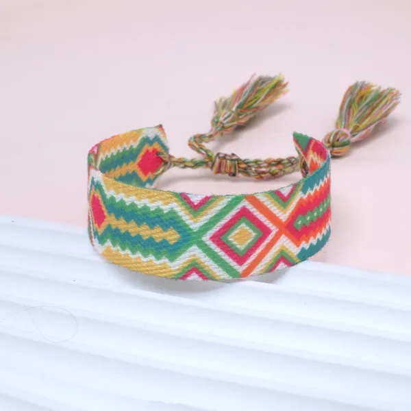 Handwoven Geometric Pattern Multicolor Tassel Bracelet - 1