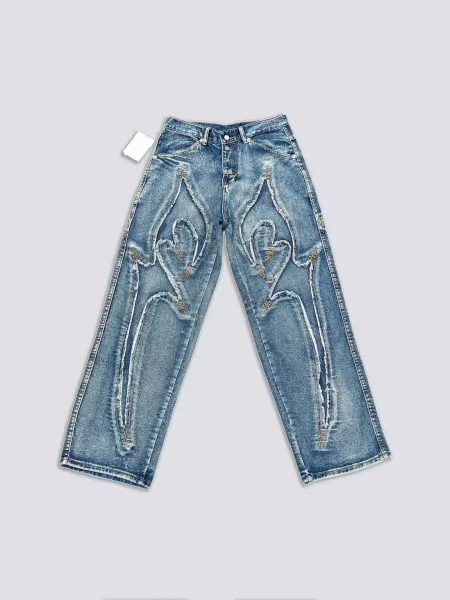 Philipp Plein Heart-Embroidered Distressed Wide-Leg Jeans - 1
