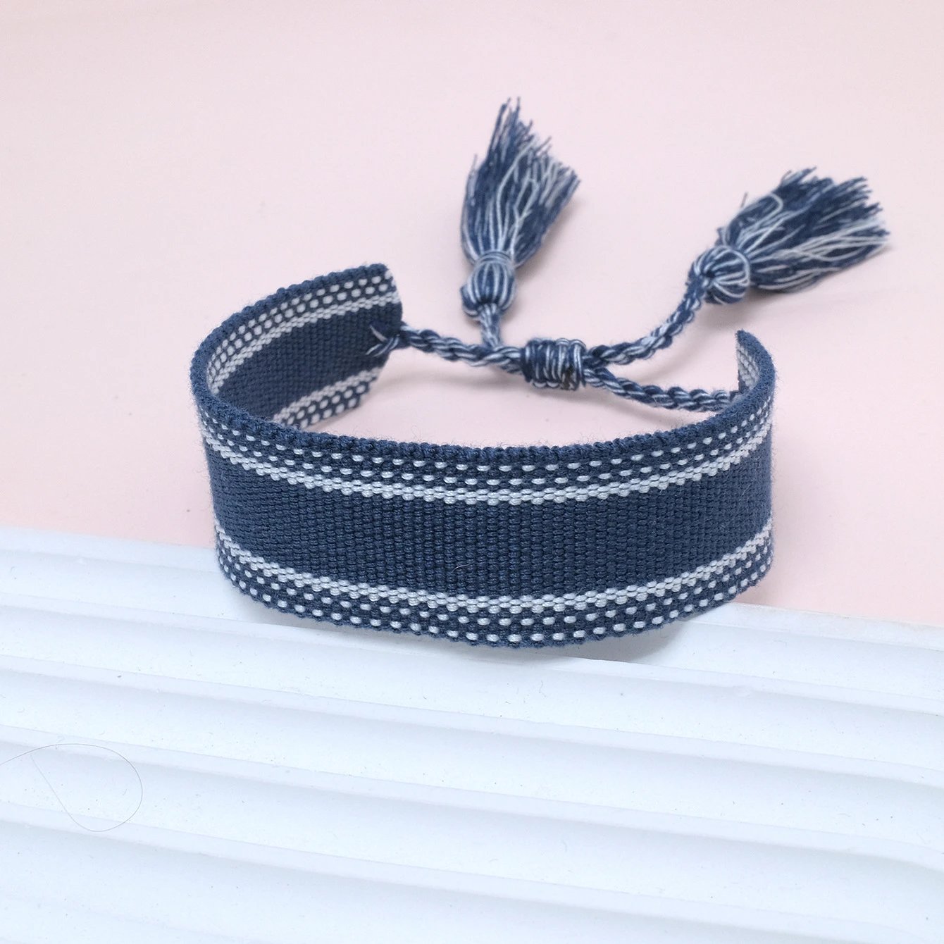 Handwoven Striped Tassel Bracelet Navy and White Bracelet - 1