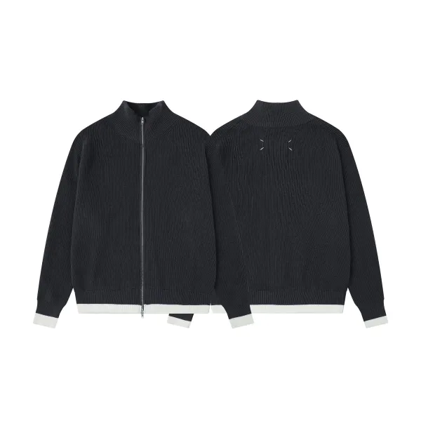 Maison Margiela Replica Ribbed Zip-Up Sweater Black with White Trim - 1