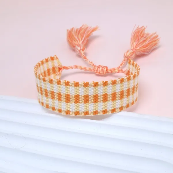 Handwoven Gingham Tassel Bracelet Orange and Cream Bracelet - 1