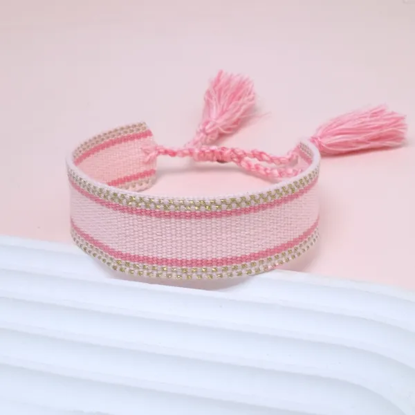 Handwoven Pink and Gold Stripe Tassel Bracelet - 1