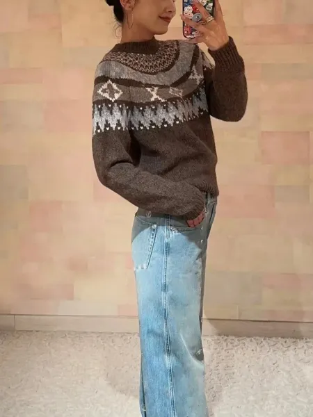 Multicolor Fair Isle Pattern Brown Knit Sweater - 4