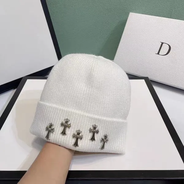 Chrome Hearts x Dior Inspired Cross-Embellished White Beanie - 1