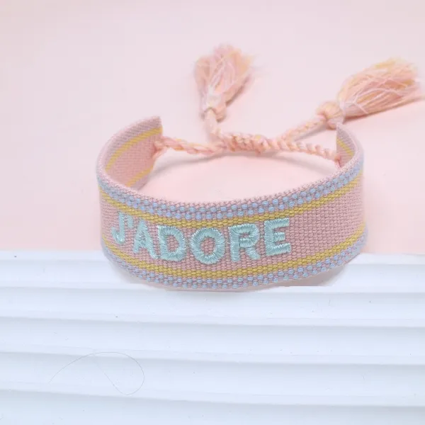 J'Adore Embroidered Woven Bracelet Pastel Pink - 1