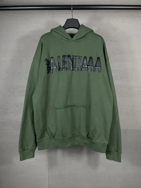 Balenciaga Distressed Logo Hoodie Army Green - 1