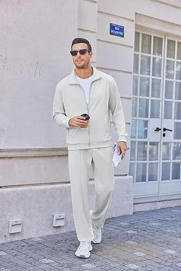 Design Beige Zip-Up Tracksuit Set with White T-Shirt and White Sneakers - 1