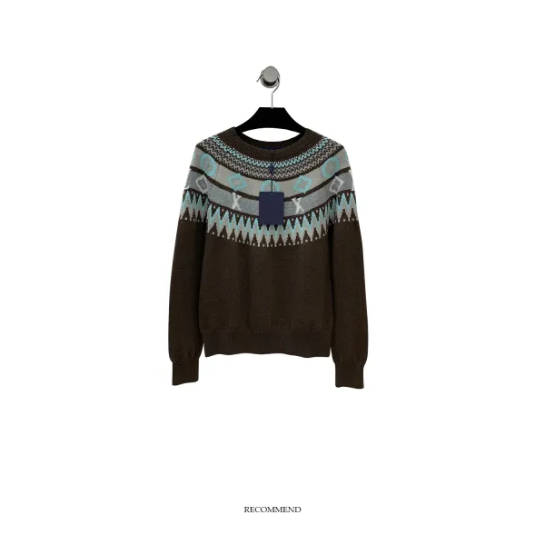 Multicolor Fair Isle Pattern Brown Knit Sweater - 1
