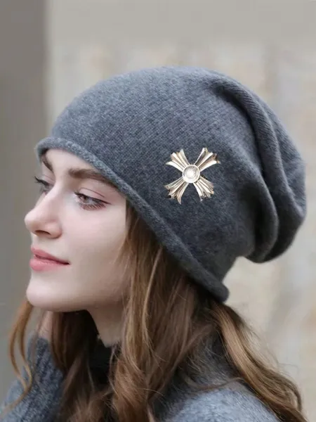 Design Slouchy Beanie with Gold Cross Brooch in Gray - 1