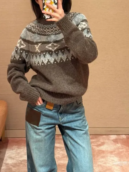 Multicolor Fair Isle Pattern Brown Knit Sweater - 3
