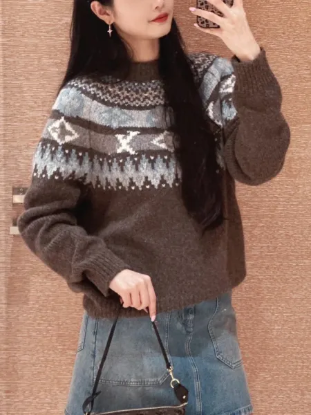 Multicolor Fair Isle Pattern Brown Knit Sweater - 5