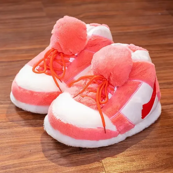 Design Plush Pom-Pom Sneaker Slippers Pink and White - 1