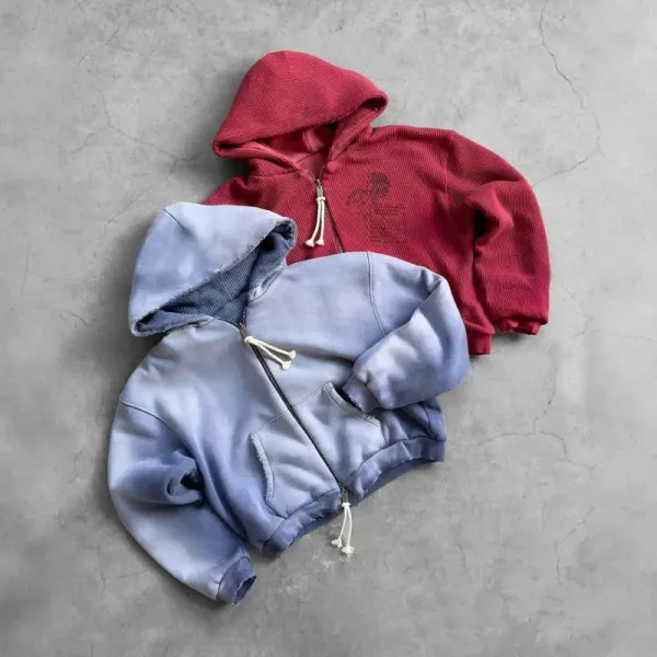Design Waffle Knit Zip-Up Hoodie in Red and Gradient Blue - 1