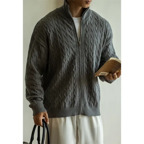 Cable Knit Zip-Up Cardigan Gray Sweater - 1