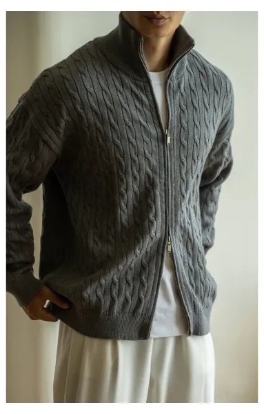Navy Cable-Knit Zip-Up Bomber Jacket - 3