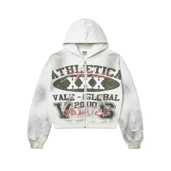 Vale Athletics XXX Distressed White Zip-Up Hoodie - 1