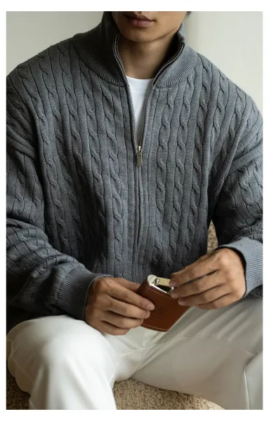 Navy Cable-Knit Zip-Up Bomber Jacket - 13