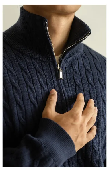Navy Cable-Knit Zip-Up Bomber Jacket - 27