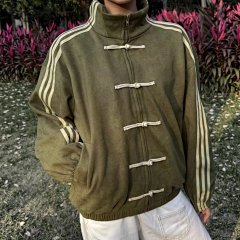 ADIDAS 2025 New Collection: Olive Green Casual Patchwork Three-Stripes Stand Collar Jacket with Chinese Frog Buttons - Trending Outfit
