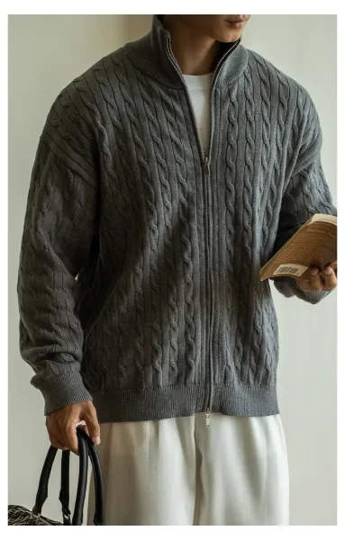Navy Cable-Knit Zip-Up Bomber Jacket - 8