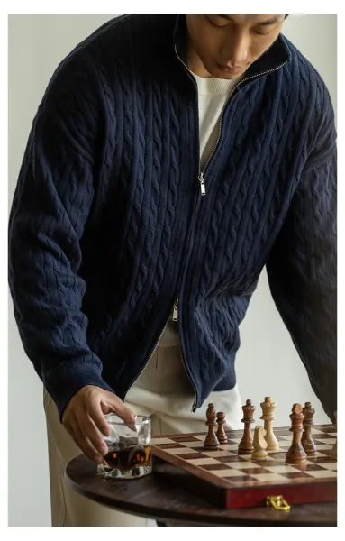 Navy Cable-Knit Zip-Up Bomber Jacket - 19