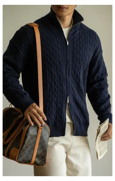 Navy Cable-Knit Zip-Up Bomber Jacket - 25