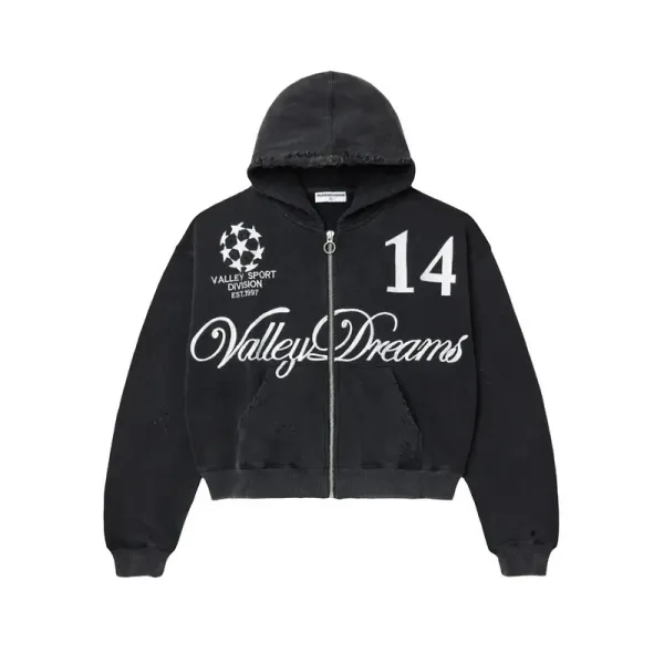 Valley Dreams x Valley Sport Division 14 Distressed Black Zip-Up Hoodie - 1