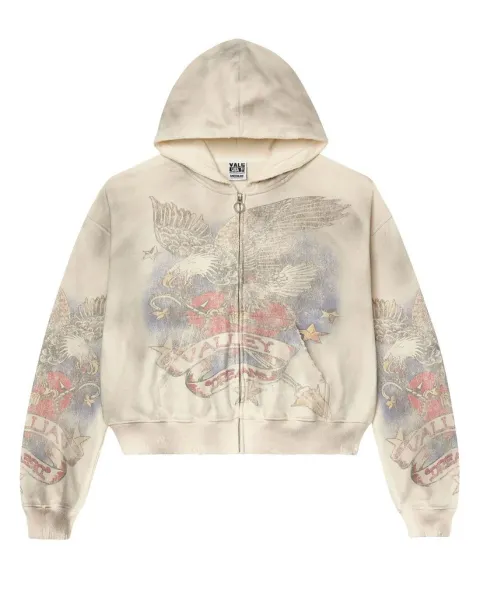 Valley Dream Eagle Print Distressed Zip-Up Hoodie - 1
