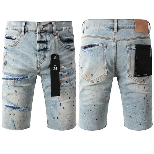 Unbranded Shorts Denim knee-length with distressed and paint-splatter details product detail image 8