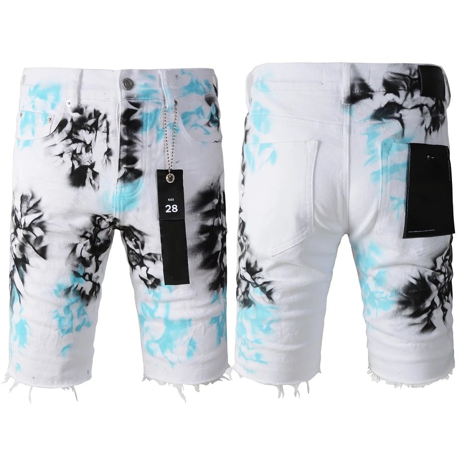 Design Tie-Dye Bleach Wash Denim Shorts White