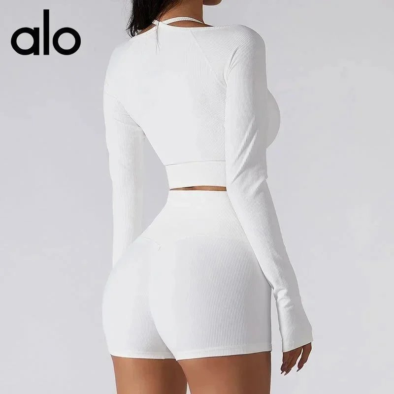 Alo Matching Sets Ribbed zip hoodie, wrap sports bra and high-waisted shorts set image 5