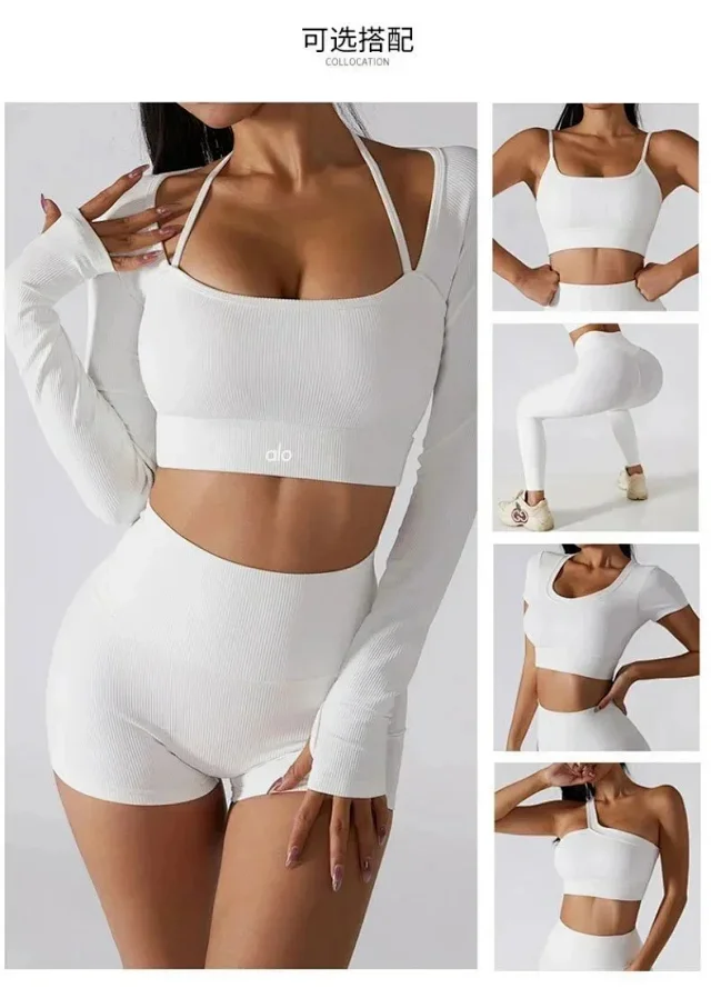Alo Matching Sets Ribbed zip hoodie, wrap sports bra and high-waisted shorts set product detail image 8