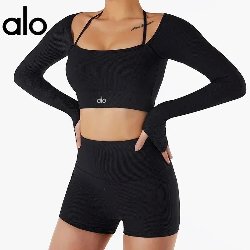 Alo Matching Sets Ribbed zip hoodie, wrap sports bra and high-waisted shorts set — BCX6256 Premium Black [Top and Pants]