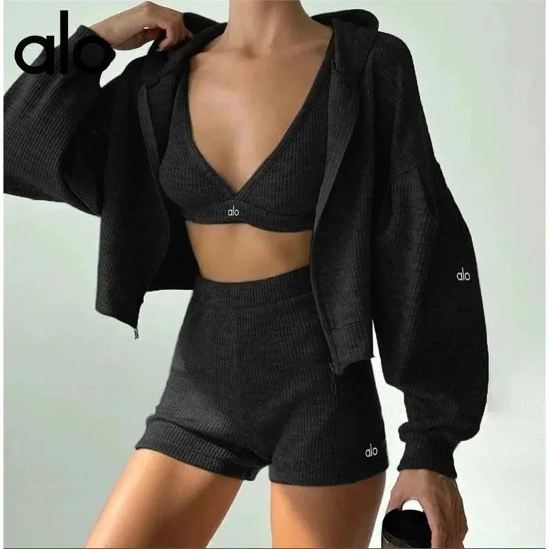 Alo Matching Sets Ribbed zip hoodie, wrap sports bra and high-waisted shorts set — Black