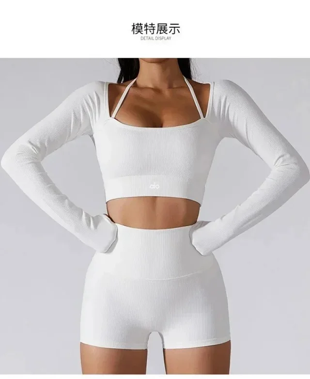 Alo Matching Sets Ribbed zip hoodie, wrap sports bra and high-waisted shorts set product detail image 9