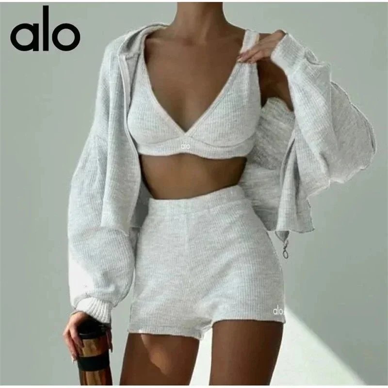 Alo Matching Sets Ribbed zip hoodie, wrap sports bra and high-waisted shorts set — Grayish white